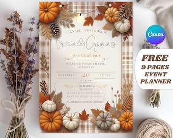 Convite de flanela para amigos, convite editável para o Dia de Ação de Graças, convite boho para o Dia de Ação de Graças, convite para festa de outono