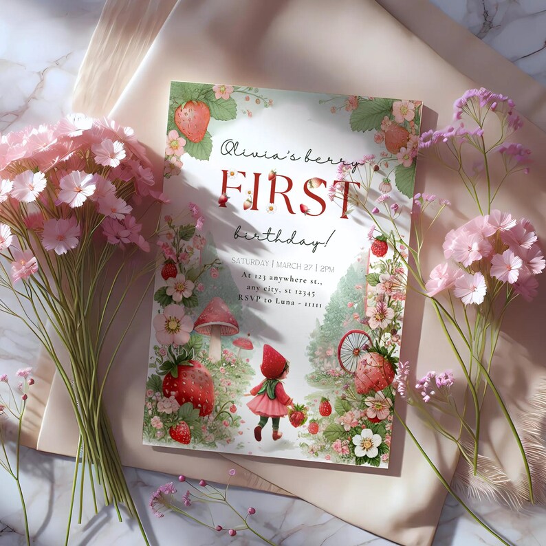 May include: A white invitation card with a red and green illustration of a girl in a red hooded dress walking through a forest with mushrooms and strawberries. The text on the card reads "Olivia's berry FIRST birthday! SATURDAY/MARCH 27| 2PM At 123 anywhere st.. any city, st 12345 RSVP to Luna - 12345".