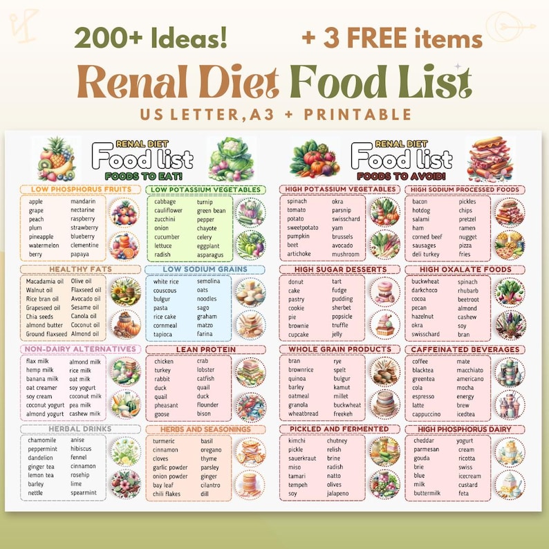 May include: A detailed food list for a renal diet, with sections on fruits, vegetables, grains, proteins, and dairy. It categorizes foods to eat and avoid, including low phosphorus and high potassium options.