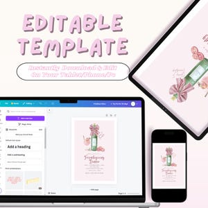 May include: A digital template with the text "EDITABLE TEMPLATE" in pink. The image shows a laptop, tablet, and phone displaying a "Friendsgiving Dinner" invitation design. The design features a green bottle with a pink bow.