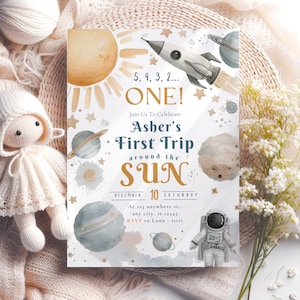 First Trip Around the Sun Birthday Invite Boy, space 1st birthday invitation, outerspace invitation, astronaut invite, galaxy invite