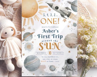 First Trip Around the Sun Birthday Invite Boy, space 1st birthday invitation, outerspace invitation, astronaut invite, galaxy invite