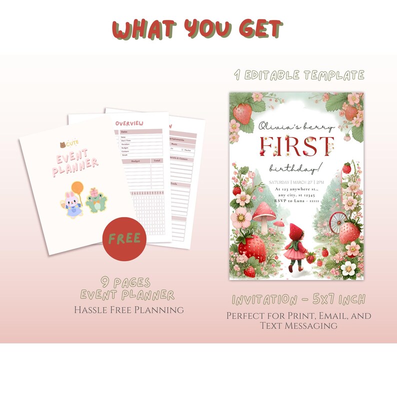 May include: A printable invitation template for a first birthday party with a strawberry theme. The invitation features a girl in a red hooded dress walking through a forest with strawberries, flowers, and mushrooms. The text on the invitation reads "Olivia's Berry First Birthday!" and includes the date, time, and location of the party. The invitation is 5x7 inches and is perfect for printing, emailing, or texting.