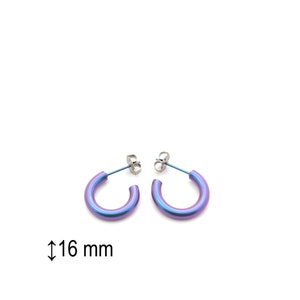 Peut inclure: Une paire de petites boucles d'oreilles créoles de couleur violette irisée, de 16 mm de diamètre. Les boucles d'oreilles sont en titane et ont une finition polie.