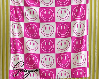 Personalized Smiley Face Checkered Blanket Custom Retro Plush Throw Vintage Checkerboard Blanket Teen Gift Retro Blanket Teacher Gift