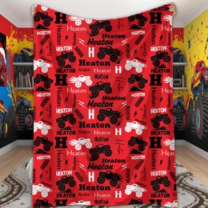 Personalized Monster Truck Blanket for Boys Custom Name Blanket Truck Lover Gift Monster Truck Birthday Baby Shower Monster Jam Kids Room image 1