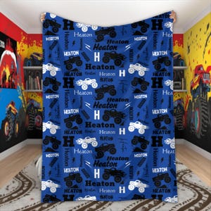 Personalized Monster Truck Blanket for Boys Custom Name Blanket Truck Lover Gift Monster Truck Birthday Baby Shower Monster Jam Kids Room Royal Blue