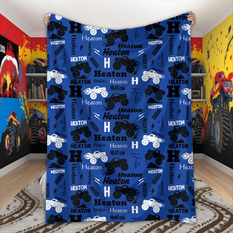 Personalized Monster Truck Blanket for Boys Custom Name Blanket Truck Lover Gift Monster Truck Birthday Baby Shower Monster Jam Kids Room Royal Blue