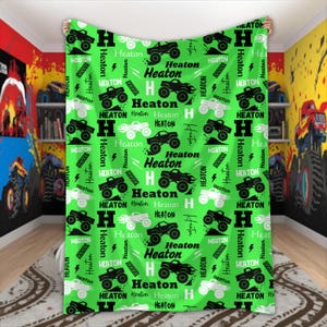Personalized Monster Truck Blanket for Boys Custom Name Blanket Truck Lover Gift Monster Truck Birthday Baby Shower Monster Jam Kids Room Lime