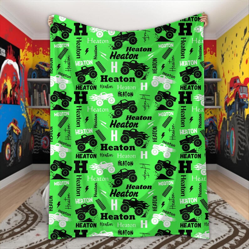 Personalized Monster Truck Blanket for Boys Custom Name Blanket Truck Lover Gift Monster Truck Birthday Baby Shower Monster Jam Kids Room Lime