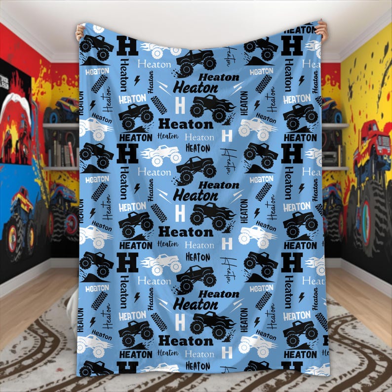 Personalized Monster Truck Blanket for Boys Custom Name Blanket Truck Lover Gift Monster Truck Birthday Baby Shower Monster Jam Kids Room Soft Blue