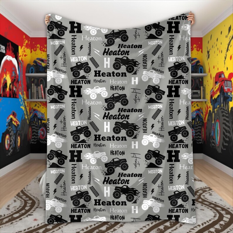 Personalized Monster Truck Blanket for Boys Custom Name Blanket Truck Lover Gift Monster Truck Birthday Baby Shower Monster Jam Kids Room Ash Gray