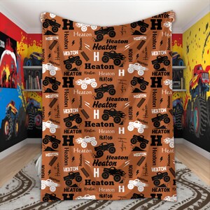 Personalized Monster Truck Blanket for Boys Custom Name Blanket Truck Lover Gift Monster Truck Birthday Baby Shower Monster Jam Kids Room Rust