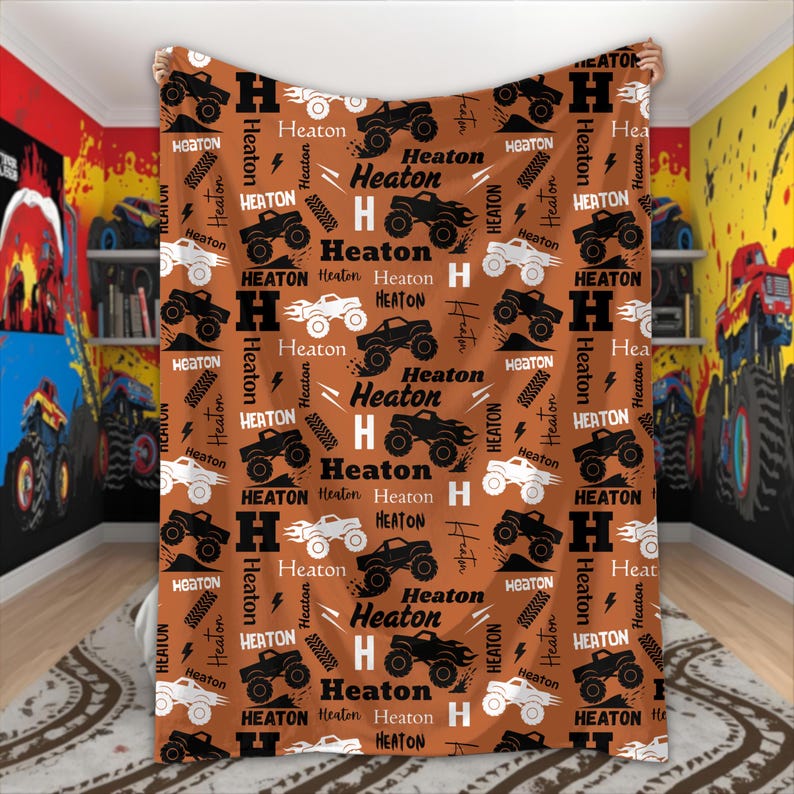Personalized Monster Truck Blanket for Boys Custom Name Blanket Truck Lover Gift Monster Truck Birthday Baby Shower Monster Jam Kids Room Rust