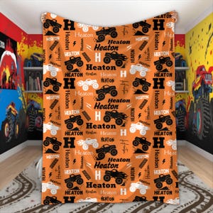 Personalized Monster Truck Blanket for Boys Custom Name Blanket Truck Lover Gift Monster Truck Birthday Baby Shower Monster Jam Kids Room Orange
