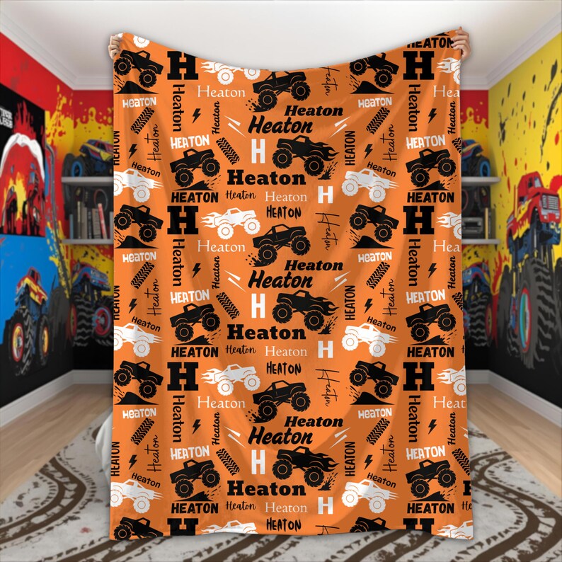 Personalized Monster Truck Blanket for Boys Custom Name Blanket Truck Lover Gift Monster Truck Birthday Baby Shower Monster Jam Kids Room Orange