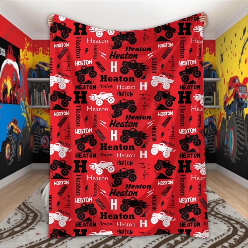 Personalized Monster Truck Blanket for Boys Custom Name Blanket Truck Lover Gift Monster Truck Birthday Baby Shower Monster Jam Kids Room image 1
