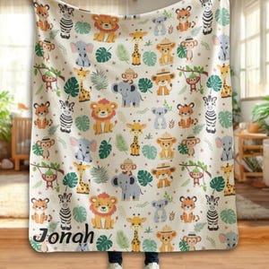 Personalized Safari Name Blanket Custom Jungle Animal Baby Blanket Neutral Baby Shower Gift Toddler Bedding for Boys Girls Nursery Decor