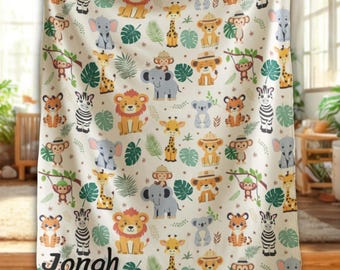 Personalized Safari Name Blanket Custom Jungle Animal Baby Blanket Neutral Baby Shower Gift Toddler Bedding for Boys Girls Nursery Decor