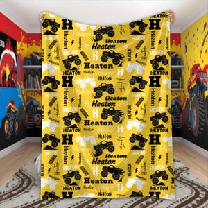 Personalized Monster Truck Blanket for Boys Custom Name Blanket Truck Lover Gift Monster Truck Birthday Baby Shower Monster Jam Kids Room Vivid Yellow