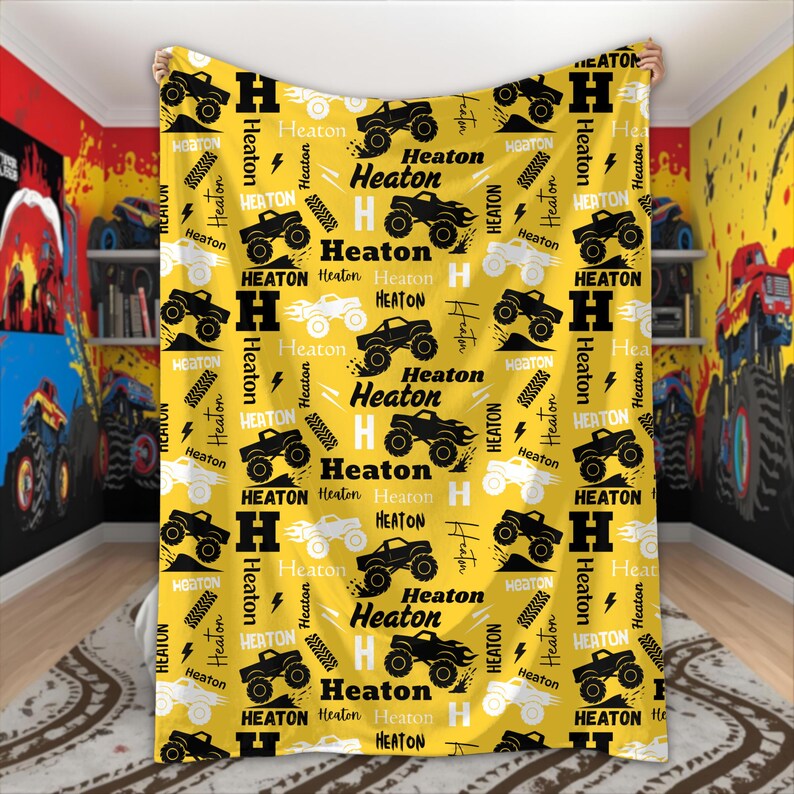 Personalized Monster Truck Blanket for Boys Custom Name Blanket Truck Lover Gift Monster Truck Birthday Baby Shower Monster Jam Kids Room Vivid Yellow