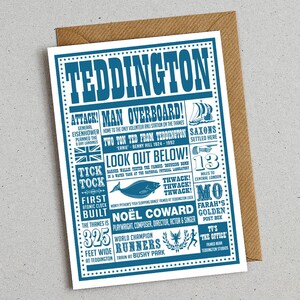 May include: A blue and white Teddington greetings card featuring local historical references and illustrations. Text includes "Man Overboard!", "Look Out Below!", and references to Noël Coward. The card is presented with a brown envelope.