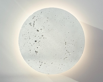 Lunaris — White Concrete Handmade Wall Sconce, Round Halo Ambient Light, Minimalist Architectural Lamp, Bedroom Plug In Housewarming Gift