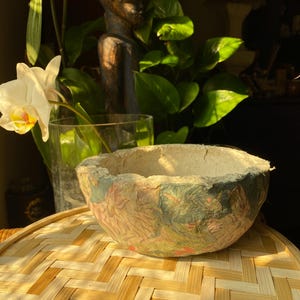 Handmade Decorative Paper Mâché Bowl – Unique Wabi-Sabi - Floral Tiger Découpage | Eco-Friendly Bowl | Japandi Rustic Home Decor