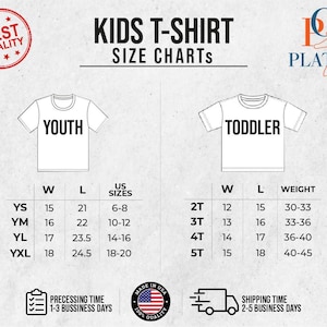 May include: Size chart for kids' t-shirts, showing youth sizes YS, YM, YL, YXL with corresponding width and length measurements in inches, and toddler sizes 2T, 3T, 4T, 5T with corresponding width, length, and weight in inches and pounds.