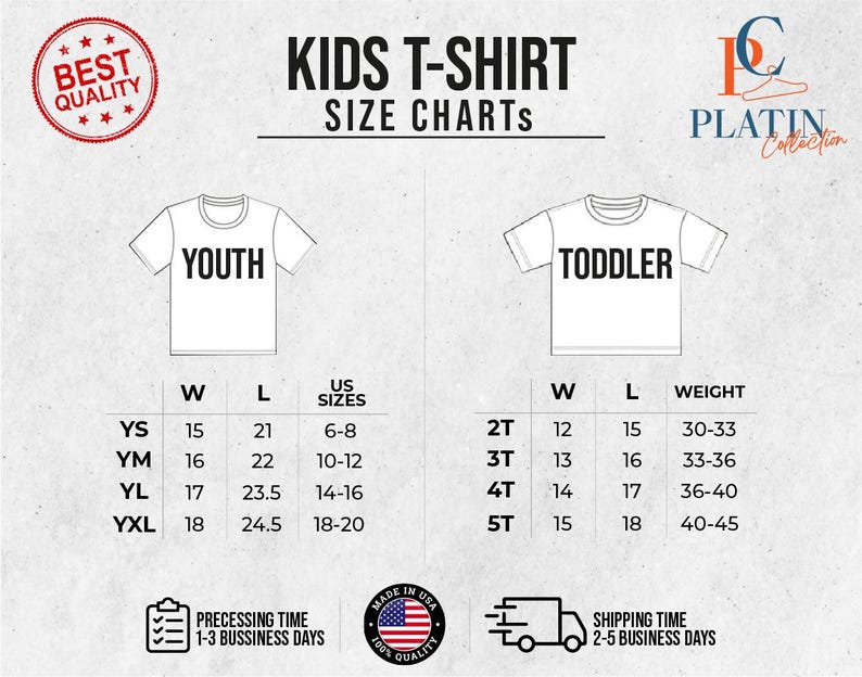 May include: Size chart for kids' t-shirts, showing youth sizes YS, YM, YL, YXL with corresponding width and length measurements in inches, and toddler sizes 2T, 3T, 4T, 5T with corresponding width, length, and weight in inches and pounds.