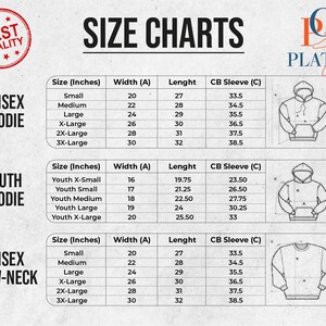 May include: Size chart for unisex hoodies and crew neck sweatshirts. The chart shows measurements in inches for width, length, and sleeve length for different sizes, including small, medium, large, X-large, 2X-large, and 3X-large.