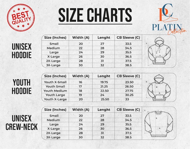 May include: Size chart for unisex hoodies and crew neck sweatshirts. The chart shows measurements in inches for width, length, and sleeve length for different sizes, including small, medium, large, X-large, 2X-large, and 3X-large.