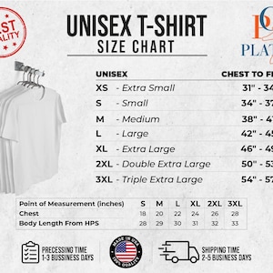 May include: Unisex t-shirt size chart with measurements in inches for chest to fit, chest, and body length from HPS. The chart shows sizes XS, S, M, L, XL, 2XL, and 3XL.