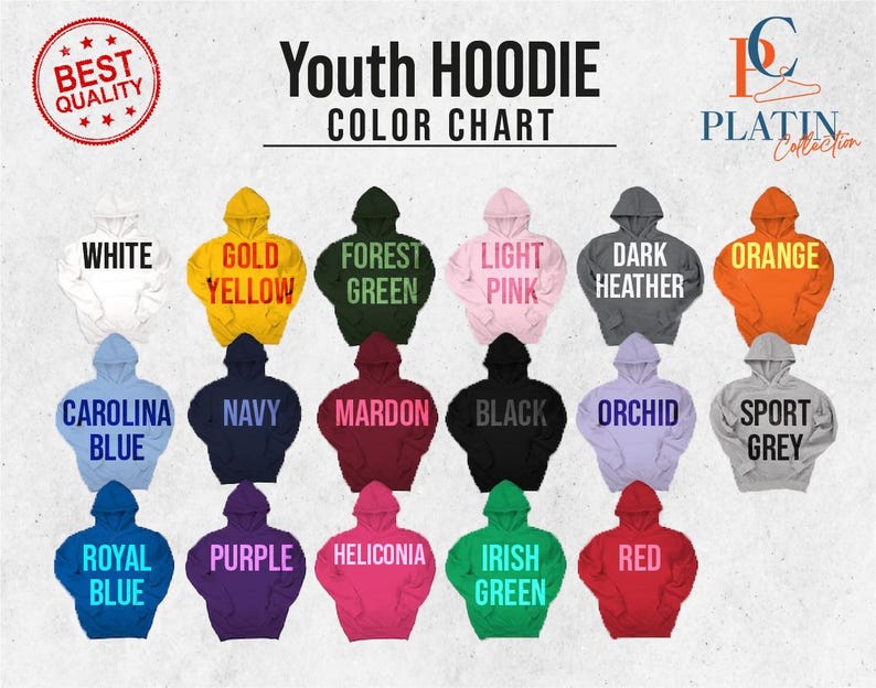 May include: Color chart for youth hoodies showing 18 different colors. The colors include white, gold yellow, forest green, light pink, dark heather, orange, Carolina blue, navy, mardon, black, orchid, sport grey, royal blue, purple, heliconia, Irish green, and red.