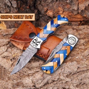 Handmade Damascus Pocket Knife Wood Handle Birthday Gift Folding Knife Groomsmen Gift Anniversary Wedding Personalized Gift for Men Best Man