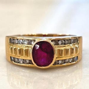 Vintage 18K Gelbgold Rubin Diamant Art Deco Ring, Made in Italy Größe 9
