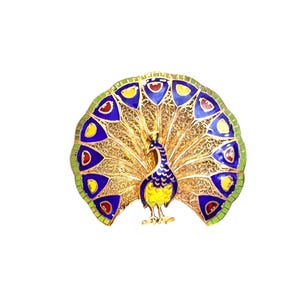 Vintage Vermeil Peacock Brooch: Enamel Filigree Sterling Silver, Signed Portugal