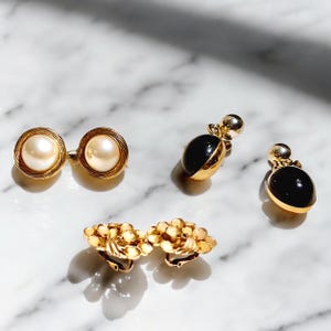 Crown Trifari Vintage Lot of 3 Gold Tone Clip On Earrings | 1960s Retro Signed