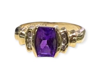 1990s Vintage Amethyst Diamond Ring • 14K Yellow Gold, Size 6.5
