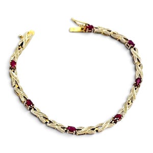 Vintage-Armband mit natürlichem Rubin: Zweifarbiges Gold-Vermeil, thailändisches 925er Sterlingsilber, X-Glieder