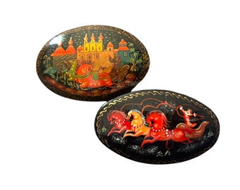 Set di spille Palekh vintage / Spille laccate firmate con fiabe russe