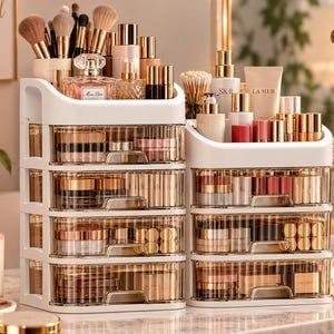 May include: Two white plastic cosmetic organizers with clear drawers, stacked and side-by-side. The taller unit has four drawers, the shorter has three. Both feature top compartments filled with makeup brushes, perfume bottles, and skincare products.