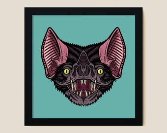 THE BAT, Vampire Bat Art Print, Gothic Halloween Decor, Hand Drawn Dark Art