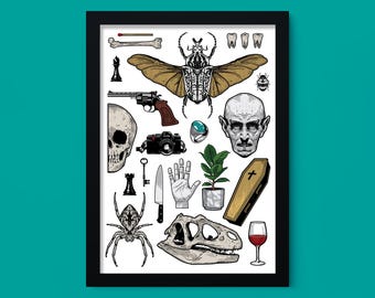 FLASH - Gothic Flash Sheet Art Print, Tattoo Inspired Illustrations, Dark Home Decor