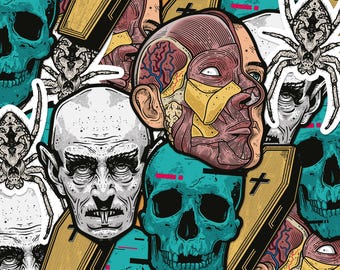 HORROR Themed Sticker Pack, 5 Large Gothic Art Designs, Spooky Halloween Stickers