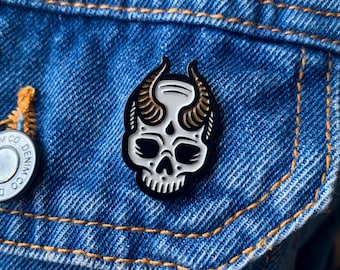 SAYRE Skull Enamel Pin, Horned Gothic Badge, Spooky Halloween Accessory