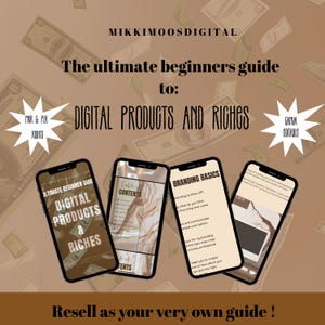 Può includere: Immagine di una guida ai prodotti digitali con il testo "The ultimate beginners guide to: DIGITAL PRODUCTS AND RICHES." Quattro smartphone mostrano il contenuto della guida. Lo sfondo presenta banconote che cadono e il testo "Resell as your very own guide!"