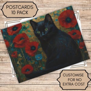 Gatto nero e papaveri 10 cartoline personalizzate (buste non incluse). Spedizione gratuita.