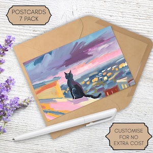 Chat noir sur un toit. Cartes postales (7 pièces). Livraison gratuite