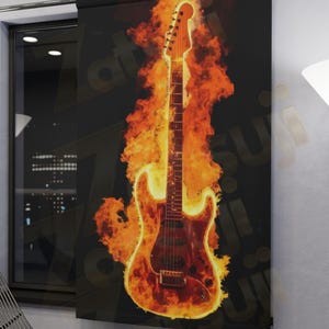 Cortina de janela com guitarra flamejante. Entrega grátis.
